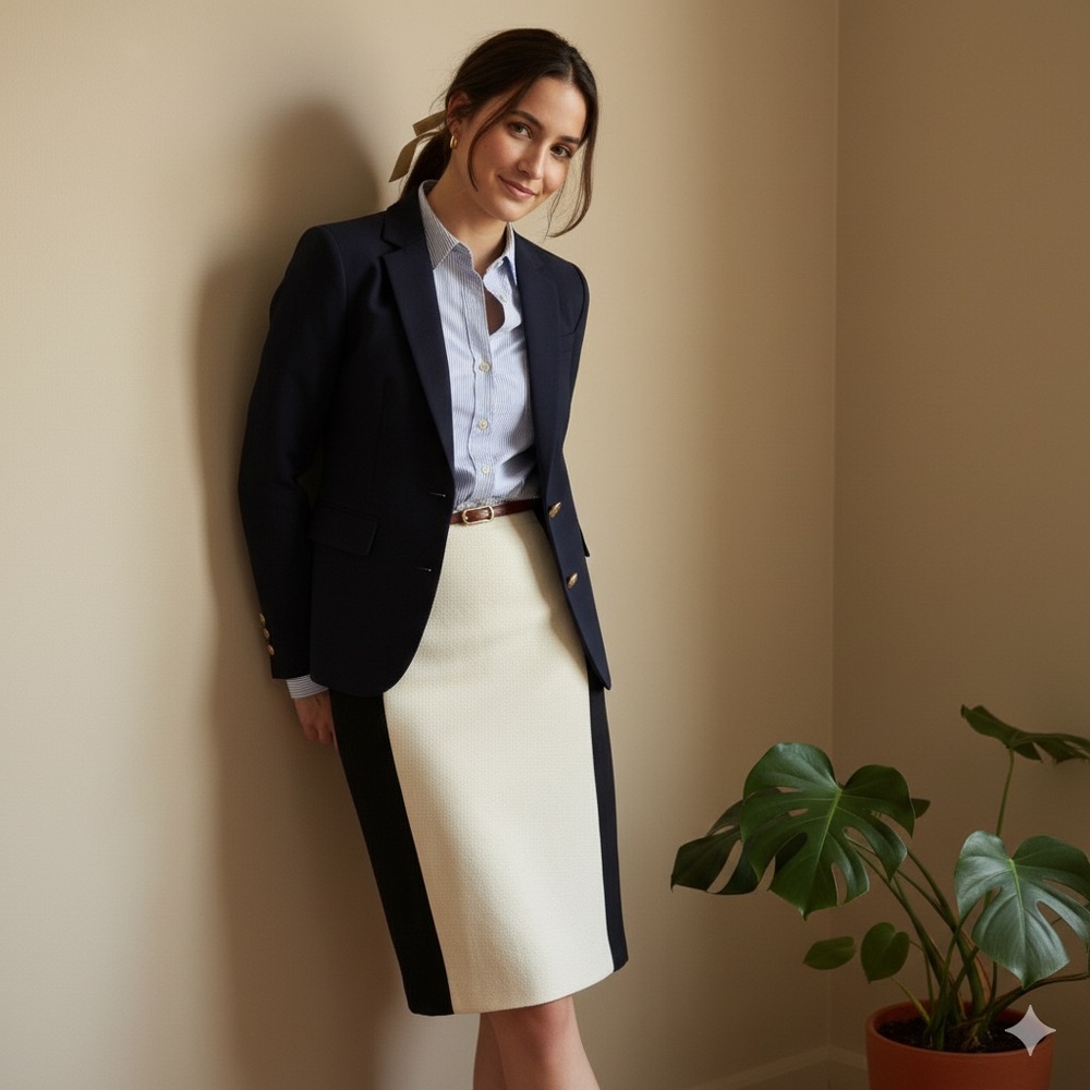 J. Crew Colorblock Wool Pencil Skirt Cream Black Size 4 Office Career